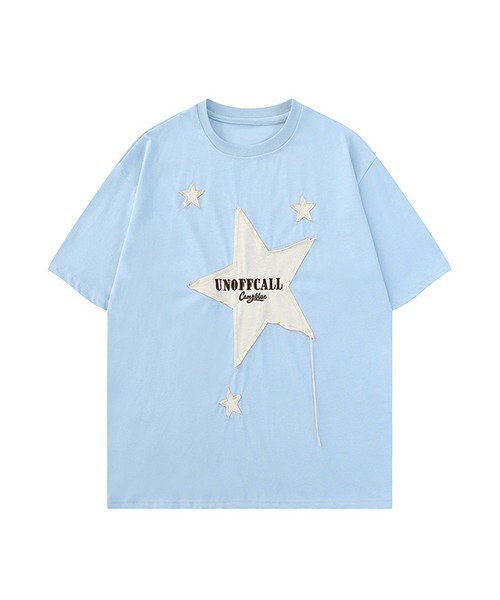 HOOK(フック)の「【HOOK】個性派星パッチワークフリンジビッグTEE(Tシャツ/カットソー・メンズ・ホワイト/ブラック/ブルー・M/L/XL)」の1枚目の写真