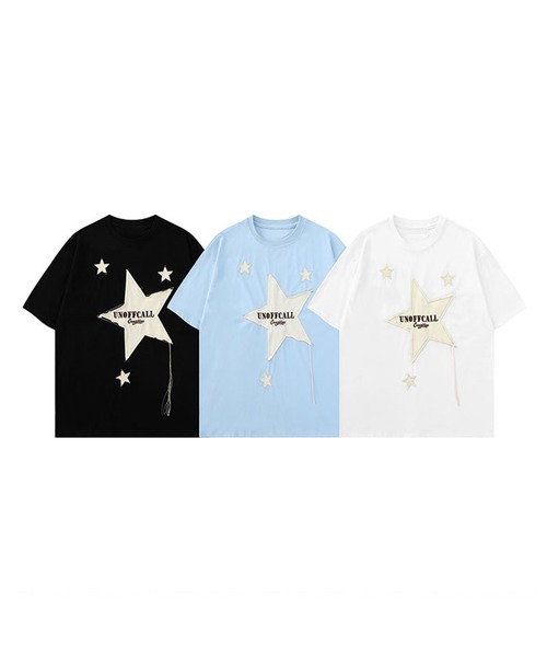 HOOK(フック)の「【HOOK】個性派星パッチワークフリンジビッグTEE(Tシャツ/カットソー・メンズ・ホワイト/ブラック/ブルー・M/L/XL)」の9枚目の写真
