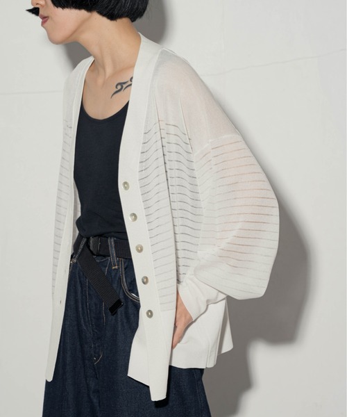ottilie(オティーリエ)の「ottilie Vネックボーダーシアーカーデ(カーディガン/ボレロ・レディース・ブラック/オフホワイト・FREE)」の1枚目の写真