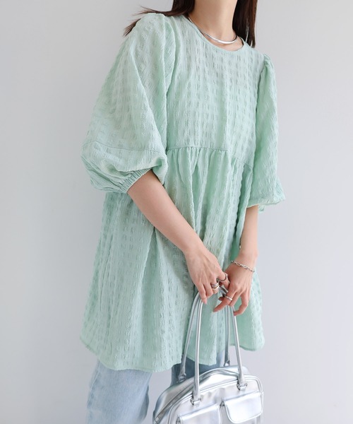 andme(アンドミー)の「チェック柄ふくれジャガードペプラムチュニック(シャツ/ブラウス・レディース・オフホワイト/イエロー/ブラック/コーラル/ライトグリーン・M)」の12枚目の写真
