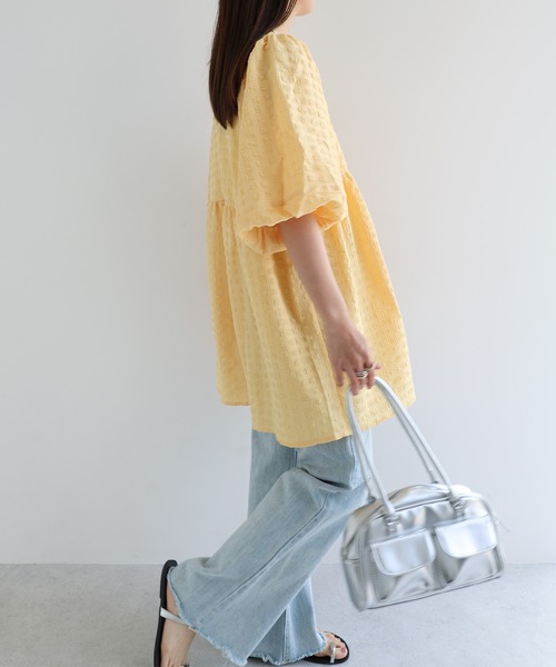 andme(アンドミー)の「チェック柄ふくれジャガードペプラムチュニック(シャツ/ブラウス・レディース・オフホワイト/イエロー/ブラック/コーラル/ライトグリーン・M)」の17枚目の写真