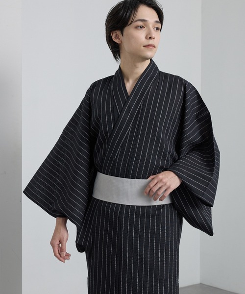 セール】メンズ浴衣3点セット 縞しじら織り【浴衣・ワンタッチ帯・下駄