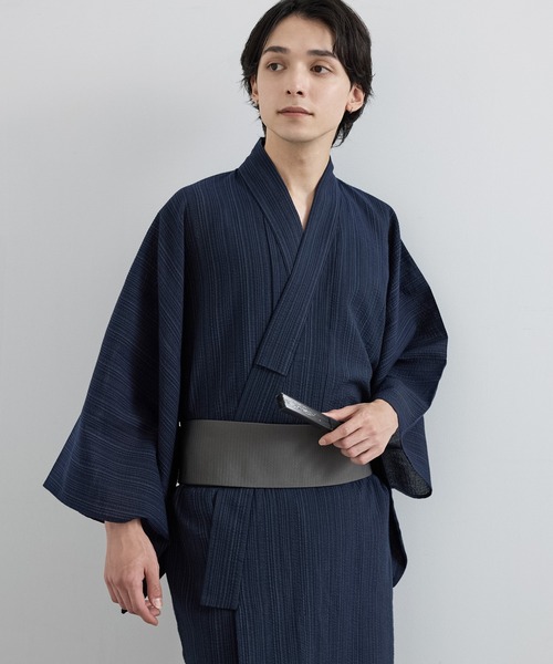 メンズ浴衣3点セット 縞しじら織り【浴衣・ワンタッチ帯・下駄】（浴衣