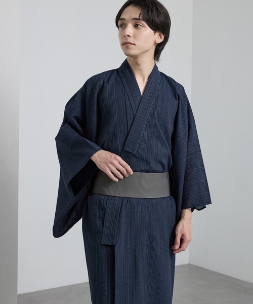簡単着付け＞縞しじら織り浴衣 3点セット【浴衣＋帯＋下駄】 MONO-MART