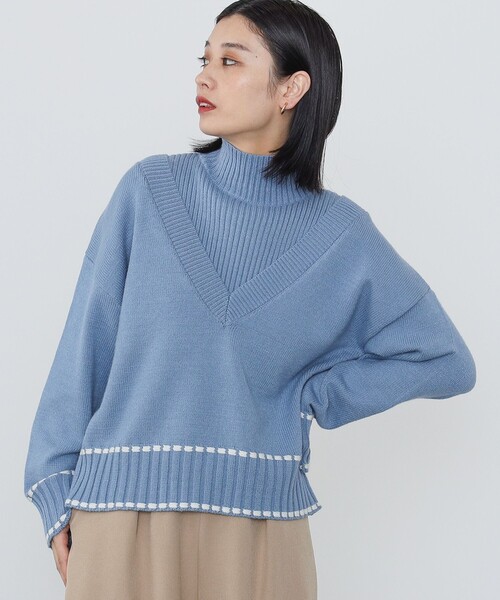 BEAMS HEART(ビームスハート)の「BEAMS HEART / Vネックニット × リブケープ セット【セットアイテム】(ニット/セーター・レディース・ブルー/ブラウン/ナチュラル・FREE)」の3枚目の写真
