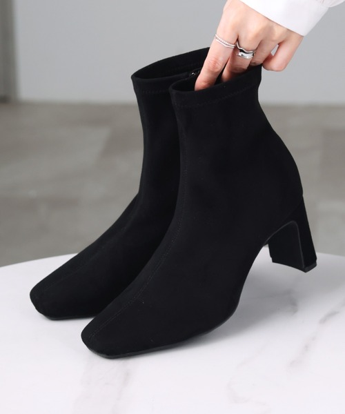 スクエアトゥプレートヒールストレッチショートブーツ（ブーツ