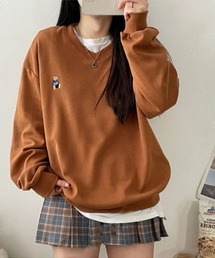 Dalfwin | 【2タイプ&裏起毛あり・ナシから選べる】韓国ファッション テディベア刺繍デザイン Uネック・Vネックオーバーサイズスウェットトレーナー(スウェット)