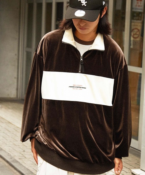 retock's】ロゴ刺繍 オーバーサイズベロアハーフジッププルオーバー