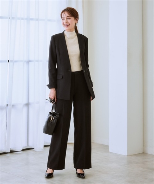 洗える・ストレッチ】ウール調ワイドパンツスーツ（ロング丈ノーカラー