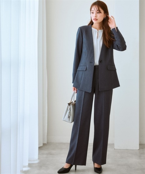 洗える・ストレッチ】ウール調ワイドパンツスーツ（ロング丈ノーカラー