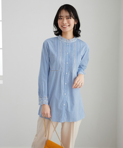 BELLUNA PLUS(ベルーナ)の「衿&袖レース切替シャツチュニック(チュニック・レディース・ストライプ/グリーン/オフホワイト/ラベンダー・X-LARGE/MEDIUM/LARGE)」の14枚目の写真