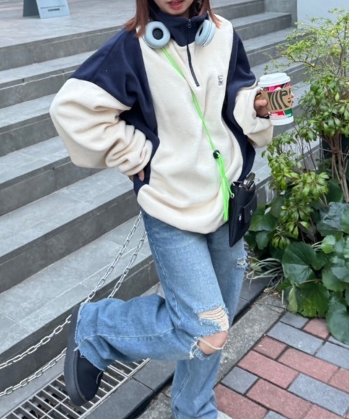 nemne store(ネンネストア)の「【低身長用サイズ&メンズサイズ登場!】配色フリースハーフジッププルオーバー(その他トップス・レディース・ネイビー/ピンク/アイボリー/ボルドー・SMALL/MEDIUM/LARGE)」の9枚目の写真