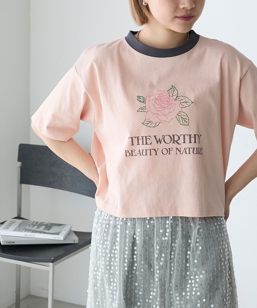 forksy.(フォルクシー)の「【forksy.】ローズデザインリンガークロップドTシャツ(Tシャツ/カットソー・レディース・アイボリー/コーラル/スミクロ・FREE)」の12枚目の写真