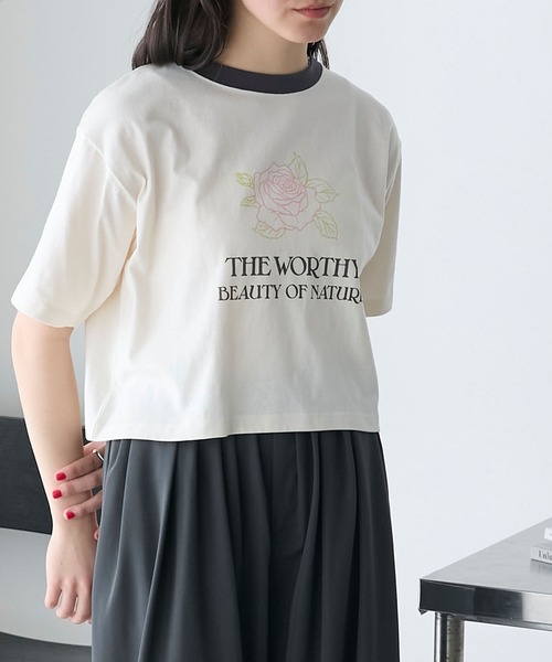 forksy.(フォルクシー)の「【forksy.】ローズデザインリンガークロップドTシャツ(Tシャツ/カットソー・レディース・アイボリー/コーラル/スミクロ・FREE)」の22枚目の写真