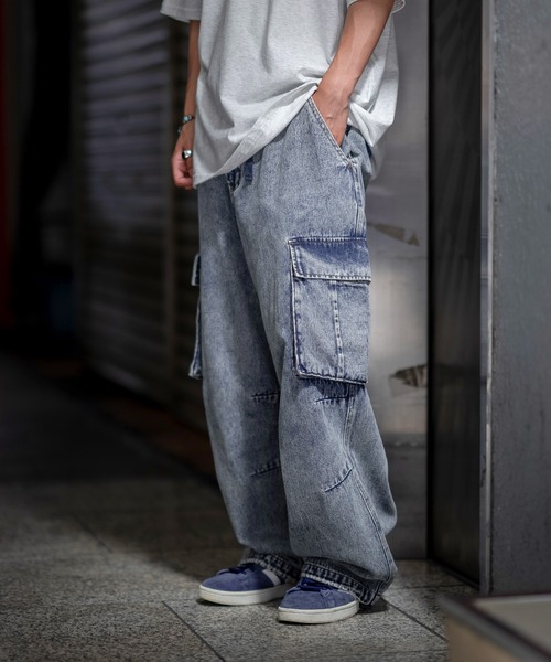 SIDEWAY STANCE（サイドウェイスタンス）の「【SIDEWAY STANCE】デニム ケミカル ワイド カーゴパンツ（デニムパンツ・メンズ・ブラック/ネイビー・SMALL/MEDIUM/LARGE）」の8枚目の写真