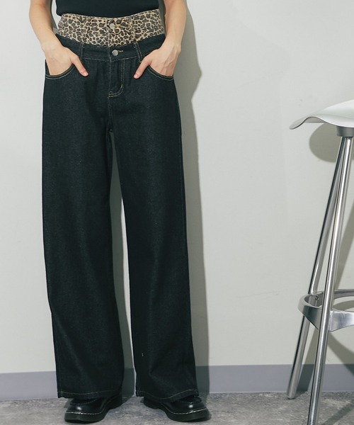 ヒョウ柄ウエスト切り替えデニムパンツ（デニムパンツ