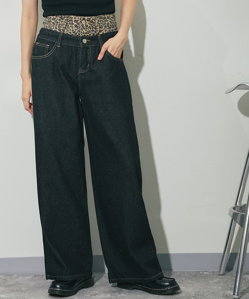 ヒョウ柄ウエスト切り替えデニムパンツ（デニムパンツ