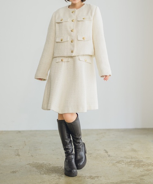 ᕱ⑅︎ᕱ\" 自由区 ノーカラージャケット ツイード フォーマル 46 セットアップ対応】カラミツイードノーカラー ジャケット / 自由