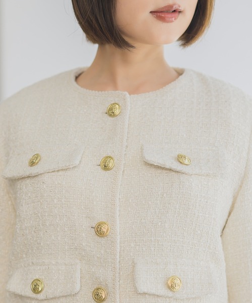 INTER FACTORY（インターファクトリー）の「ツイードノーカラージャケット【セレモニー/オケージョンにも◎】 made in INTER FACTORY（ノーカラージャケット・レディース・モカ/アイボリー・SMALL/MEDIUM）」の20枚目の写真