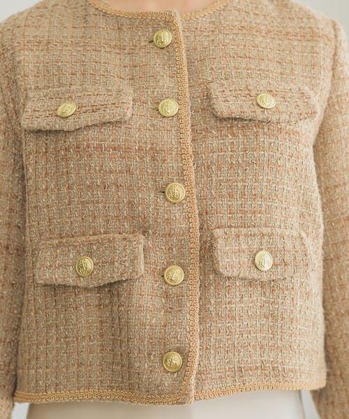 INTER FACTORY（インターファクトリー）の「ツイードノーカラージャケット【セレモニー/オケージョンにも◎】 made in INTER FACTORY（ノーカラージャケット・レディース・モカ/アイボリー・SMALL/MEDIUM）」の3枚目の写真