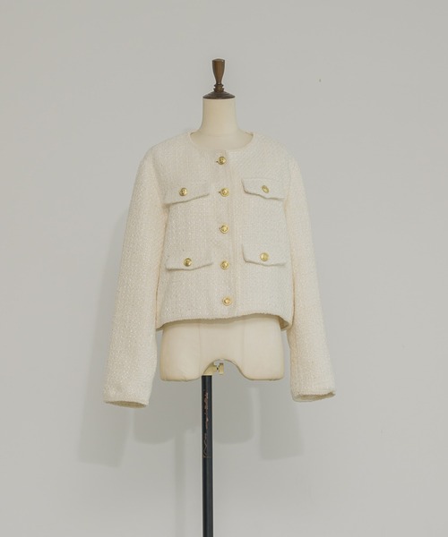 INTER FACTORY（インターファクトリー）の「ツイードノーカラージャケット【セレモニー/オケージョンにも◎】 made in INTER FACTORY（ノーカラージャケット・レディース・モカ/アイボリー・SMALL/MEDIUM）」の5枚目の写真