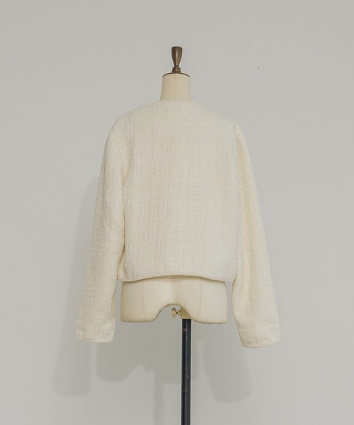 INTER FACTORY（インターファクトリー）の「ツイードノーカラージャケット【セレモニー/オケージョンにも◎】 made in INTER FACTORY（ノーカラージャケット・レディース・モカ/アイボリー・SMALL/MEDIUM）」の7枚目の写真