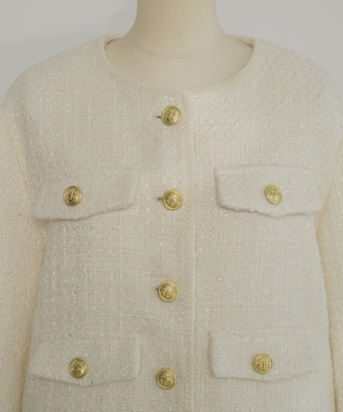 INTER FACTORY（インターファクトリー）の「ツイードノーカラージャケット【セレモニー/オケージョンにも◎】 made in INTER FACTORY（ノーカラージャケット・レディース・モカ/アイボリー・SMALL/MEDIUM）」の8枚目の写真