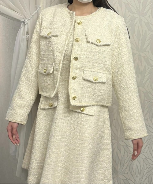 INTER FACTORY（インターファクトリー）の「ツイードノーカラージャケット【セレモニー/オケージョンにも◎】 made in INTER FACTORY（ノーカラージャケット・レディース・モカ/アイボリー・SMALL/MEDIUM）」の14枚目の写真