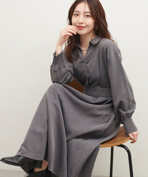 すっちゃん様✨ 45R✳️付け衿付き／ウール／ロングワンピース【0】グレー natural couture（ナチュラルクチュール）の「スキッパー衿ワンピース