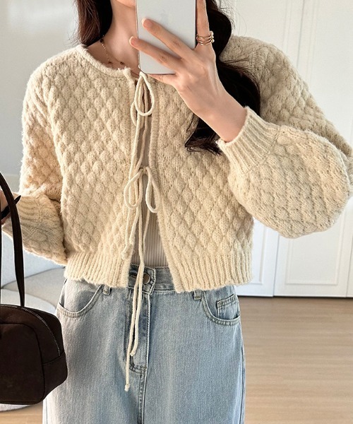 【セール】ポコポコ立体感 前後2way リボンカーディガン ショート丈（カーディガン/ボレロ）｜COCOMOMO（ココモモ）
