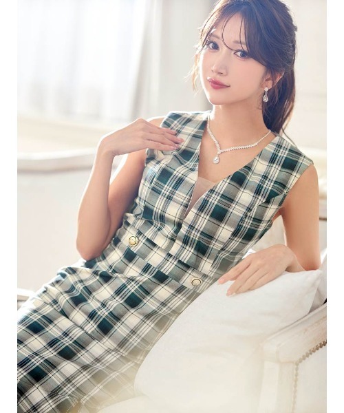 ノースリーブ チェック柄 シースルー マーメイド 膝丈ドレス