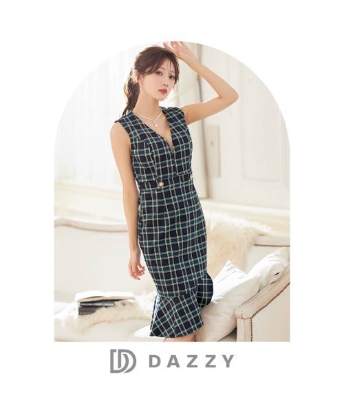 DAZZY チェック柄ドレス S~Lサイズ DAZZY ドレス チェック柄 フロント ジップ フリル リボン タイト