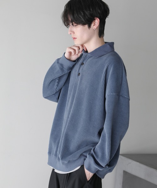 ETELIO カット コーデュロイ ポロシャツ ブルー トップス M カットコーデュロイポロシャツ(ポロシャツ)|ETELIO(エテリオ