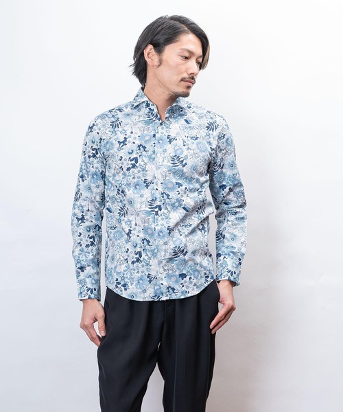 garsonwave（ギャルソンウェーブ）の「日本製 ヴィンテージ フラワー ペイズリー プリント ホリゾンタル カラー シャツ(GW)（シャツ/ブラウス・メンズ・ネイビー/ライトベージュ/ダークネイビー/ブラック/ホワイト/ブラック系/ミント/ダークインディゴブルー/ダークブルー/グレイッシュベージュ・M/L）」の2枚目の写真