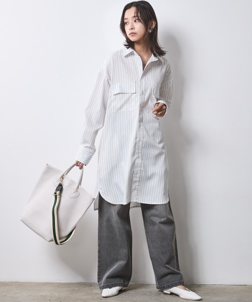 CHIC STYLE(シックスタイル)の「ストライプミニシャツワンピース <大きいサイズ有>シックスタイル(ワンピース・レディース・ホワイト系/ネイビー系・M/L/LL/3L/4L/5L)」の1枚目の写真