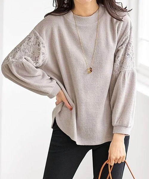 BELLUNA PLUS(ベルーナ)の「ふんわり起毛素材袖レース使いプルオーバー(Tシャツ/カットソー・レディース・グレイッシュベージュ/エメラルド/チャコール・MEDIUM/X-LARGE/LARGE)」の4枚目の写真