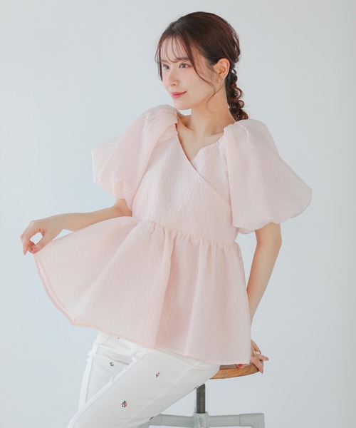 試着のみ　フィットモア2025SS ジャガードカシュクールペプラムトップス　黒 Fit more ジャガードカシュクールペプラムトップス レディース
