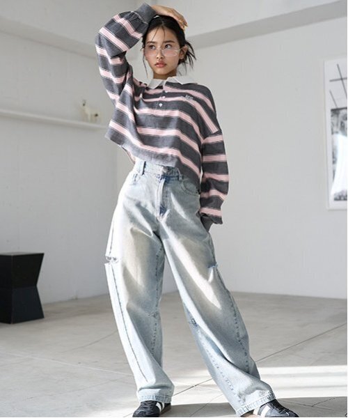 LOVETOXIC（ラブトキシック）の「【LTXC】クロップドラガーシャツ（Tシャツ/カットソー・キッズ・オフホワイト/チャコール・L:160cm/S:140cm/M:150cm）」の8枚目の写真