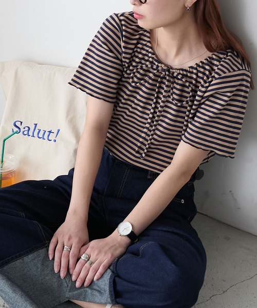 BONLECILL(ボンルシール)の「リボンネック配色メロウリブT(Tシャツ/カットソー・レディース・レッド/ブラック×ホワイト/ネイビー系1/オフホワイト/チャコールグレー・FREE)」の4枚目の写真