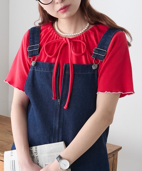 BONLECILL(ボンルシール)の「リボンネック配色メロウリブT(Tシャツ/カットソー・レディース・レッド/ブラック×ホワイト/ネイビー系1/オフホワイト/チャコールグレー・FREE)」の5枚目の写真