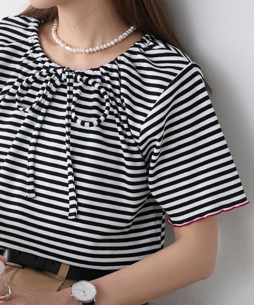 BONLECILL(ボンルシール)の「リボンネック配色メロウリブT(Tシャツ/カットソー・レディース・レッド/ブラック×ホワイト/ネイビー系1/オフホワイト/チャコールグレー・FREE)」の22枚目の写真