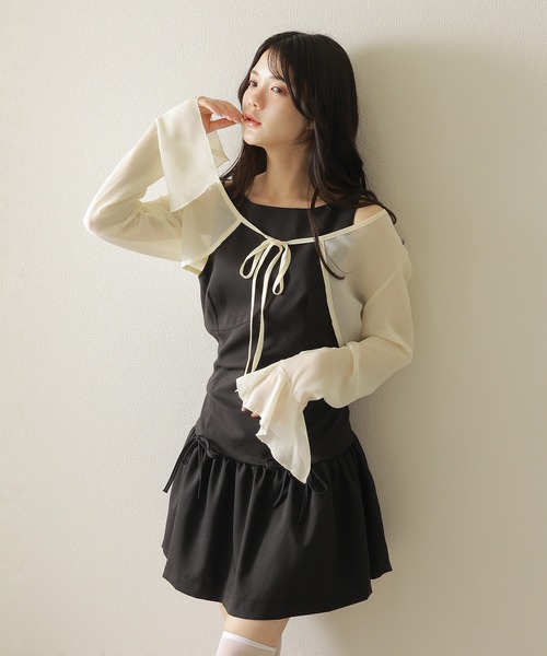 M DOLLY(エムドリー)の「sleeveless ribbon gather dress/ノースリーブリボンギャザーワンピース(ワンピース・レディース・ベージュ/ブラック・XS/M/S)」の1枚目の写真