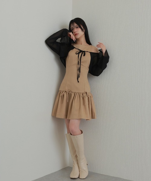 M DOLLY(エムドリー)の「sleeveless ribbon gather dress/ノースリーブリボンギャザーワンピース(ワンピース・レディース・ベージュ/ブラック・XS/M/S)」の3枚目の写真