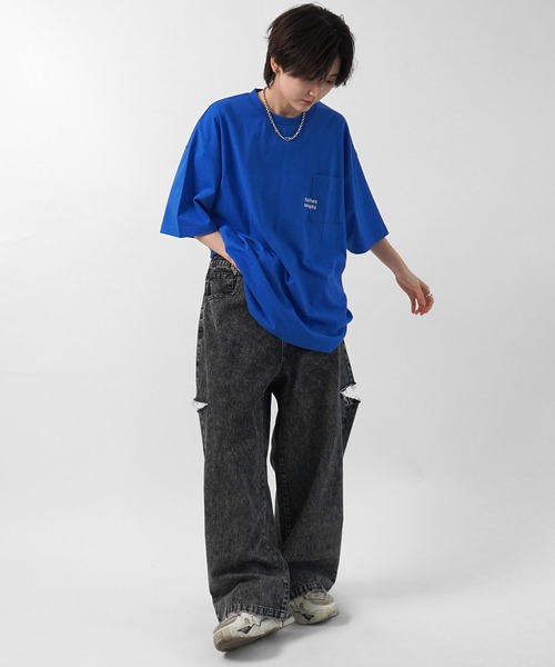 96thes（クローズ）の「【96thes】韓国ストリート ビッグシルエット ワンポイントまたぎ刺繍 半袖Tシャツ カットソー メンズ レディース（Tシャツ/カットソー・メンズ・ブラック/ブルー/杢グレー/ホワイト・M/L）」の7枚目の写真