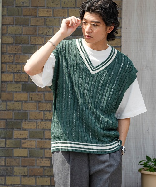 RAGEBLUE（レイジブルー）の「透かし編み/チルデンVネックニットベスト（ベスト・メンズ・ネイビー/グリーン/ベージュ系その他2・MEDIUM/LARGE）」の2枚目の写真