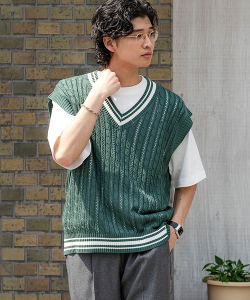 RAGEBLUE（レイジブルー）の「透かし編み/チルデンVネックニットベスト（ベスト・メンズ・ネイビー/グリーン/ベージュ系その他2・MEDIUM/LARGE）」の11枚目の写真