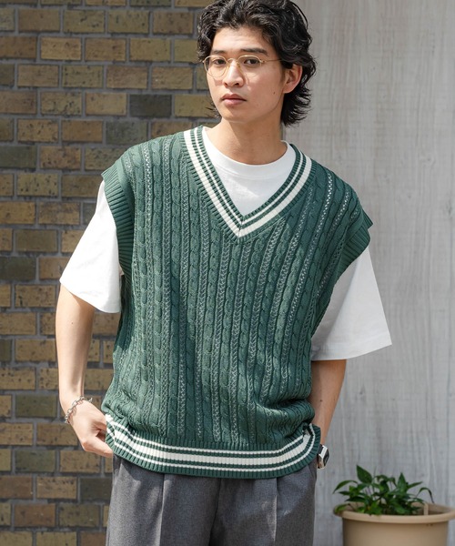 RAGEBLUE（レイジブルー）の「透かし編み/チルデンVネックニットベスト（ベスト・メンズ・ネイビー/グリーン/ベージュ系その他2・MEDIUM/LARGE）」の12枚目の写真