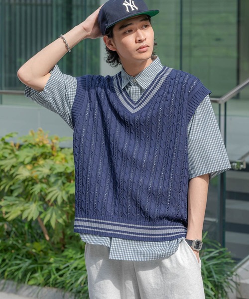 RAGEBLUE（レイジブルー）の「透かし編み/チルデンVネックニットベスト（ベスト・メンズ・ネイビー/グリーン/ベージュ系その他2・MEDIUM/LARGE）」の16枚目の写真
