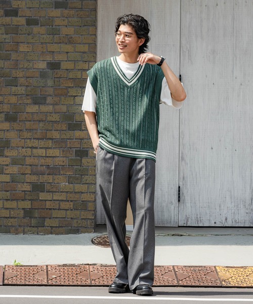 RAGEBLUE（レイジブルー）の「透かし編み/チルデンVネックニットベスト（ベスト・メンズ・ネイビー/グリーン/ベージュ系その他2・MEDIUM/LARGE）」の9枚目の写真