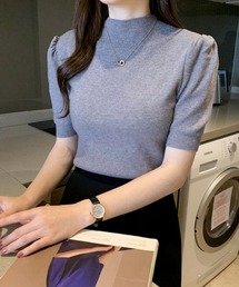 夏でもきちんと感。半袖サマーニット夏服リブトップス。パフスリーブで美シルエットビジネスにも◎きれいめフェミニンスタイル